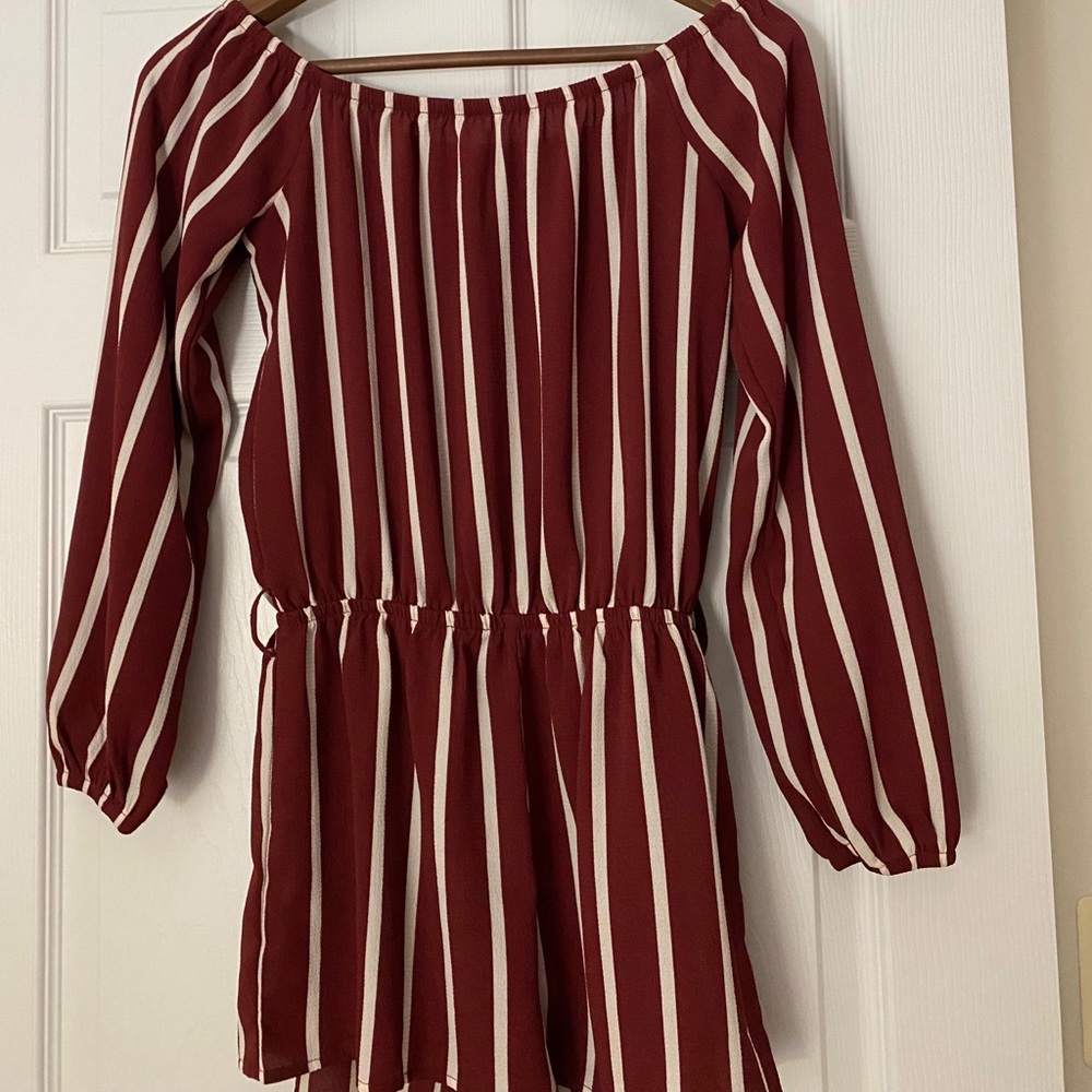 burgundy off the shoulder striped romper